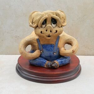 Vintage 70's Handmade Hindt Pig Planter. Clay and Blue Glaze Small Plants Signed